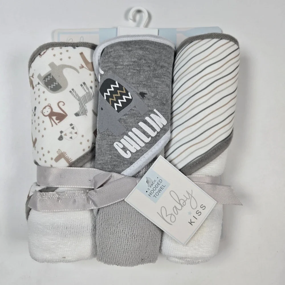 Baby Kiss Hooded Towel Unisex Gray 3 Pack Safari Elephant Chillin Bath Set Gift